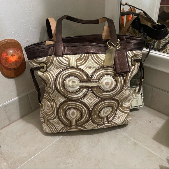 Coach Handbags - COACH - Audrey op art swirl in cream and brown cloth tote- 17044- EUC